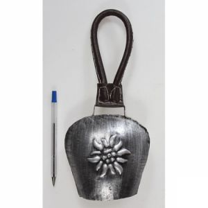 Zvonec alpský kravský šedostříbrný s protěží kožené držadlo celková váška 28cm 