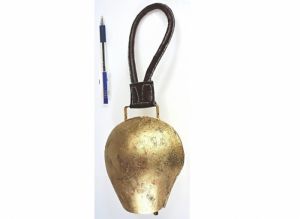 Velký zvonec kovový kravský zlatý, kožená rukojeť 36/17cm